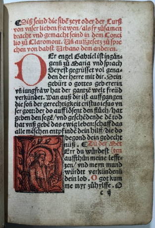Leaf c2r of the Lea Library's &quot;Seelengärtlein&quot; (Basel?: Pamphilus Gengenbach?, between 1515 and 1520?) with red and black inhabited woodcut initial H.